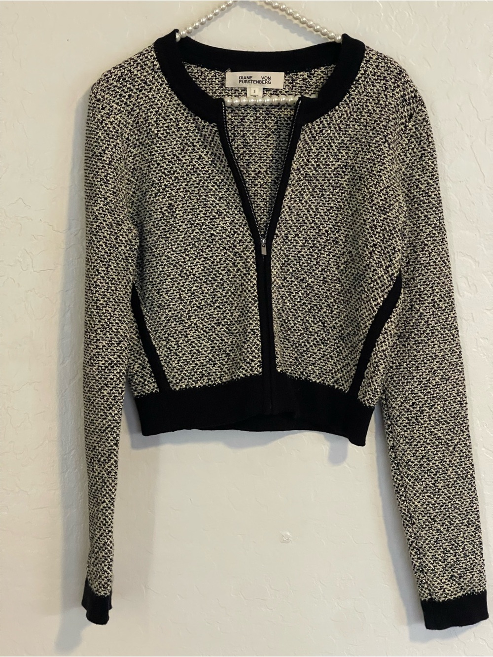 Diane Von Furstenberg Black & Cream Tweed Zip Cardigan